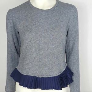 J Crew Gray Sweatshirt Women Small Pleated Blue Trim Pullover Crew Neck Peplum
